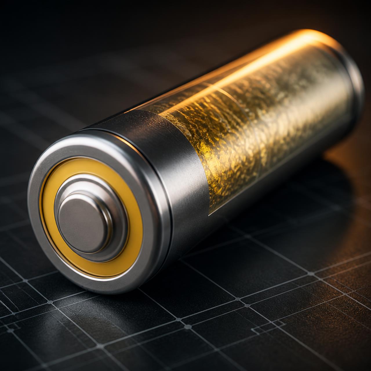 Sulfurlite lithium-sulfur cylindrical cell on a dark technical background